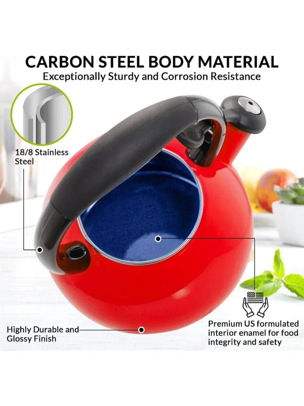 Red Whistling Tea kettle 1.8 QT  Premium Enamel on Carbon Steel Stovetop Pot